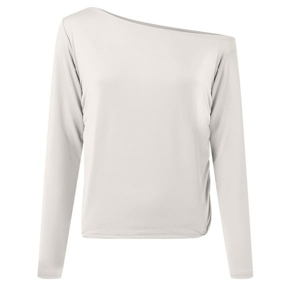 kaprioy Women's Boat Neck Tops Long Sleeve Shirts Casual Fitted Tee Shirts Solid Color Fall Basic Clothes White, XS