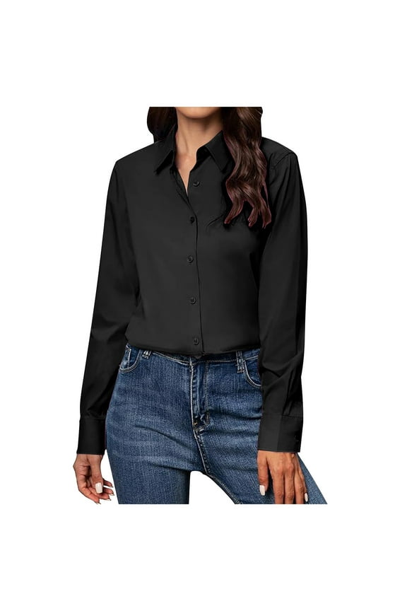 Women's Button Down Shirts Classic Fit Dress Shirt Work Business Casual Long Sleeve Blouse Tops Black, XXXXL