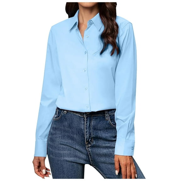 kaprioy Women's Button Down Shirts Classic Fit Dress Shirt Work Business Casual Long Sleeve Blouse Tops Blue, XXXXL