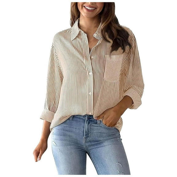 kaprioy Womens Button Down Shirts Striped Classic Long Sleeve Collared Office Work Blouses Tops with Pocket Khaki, L