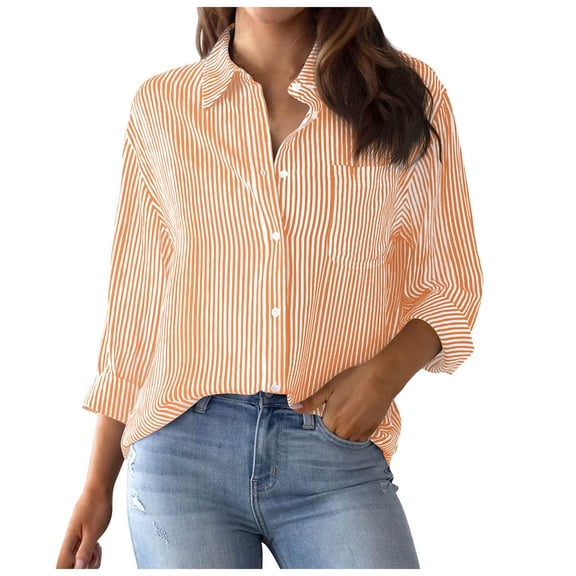 kaprioy Women's Button Down Shirts Striped Classic Long Sleeve Collared Blouses Tops with Pocket Office Work Orange, XXL