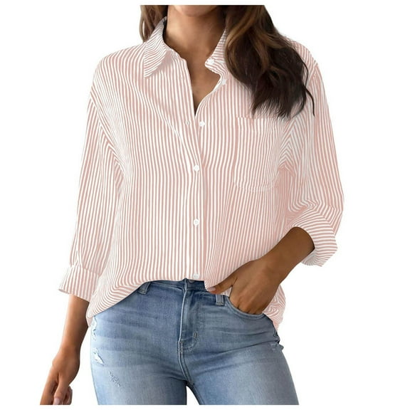 kaprioy Womens Button Down Shirts Striped Classic Long Sleeve Collared Office Work Blouses Tops with Pocket Pink, M
