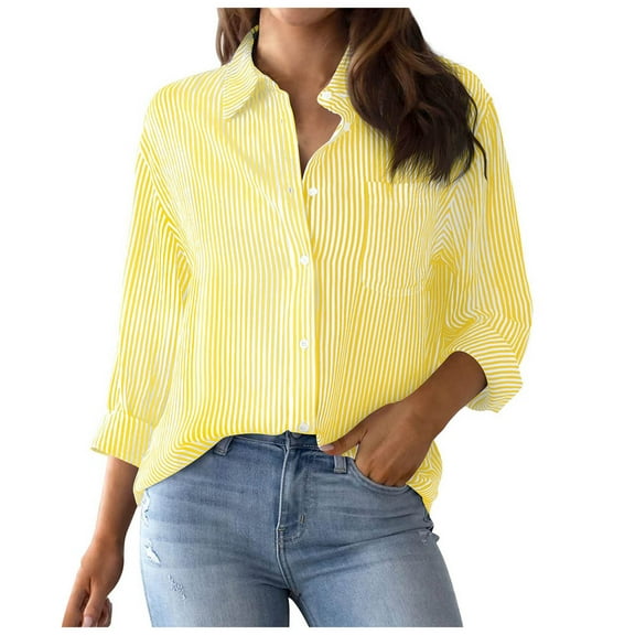 kaprioy Womens Button Down Shirts Striped Classic Long Sleeve Collared Office Work Blouses Tops with Pocket Yellow, M