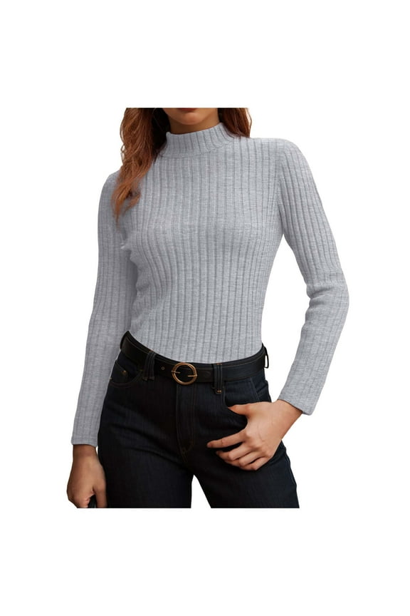 Women's Mock Turtleneck Long Sleeve Shirts Fall Ribbed Tops Fleece Basic Layering Soft Thermal Undershirts Tee Grey, L