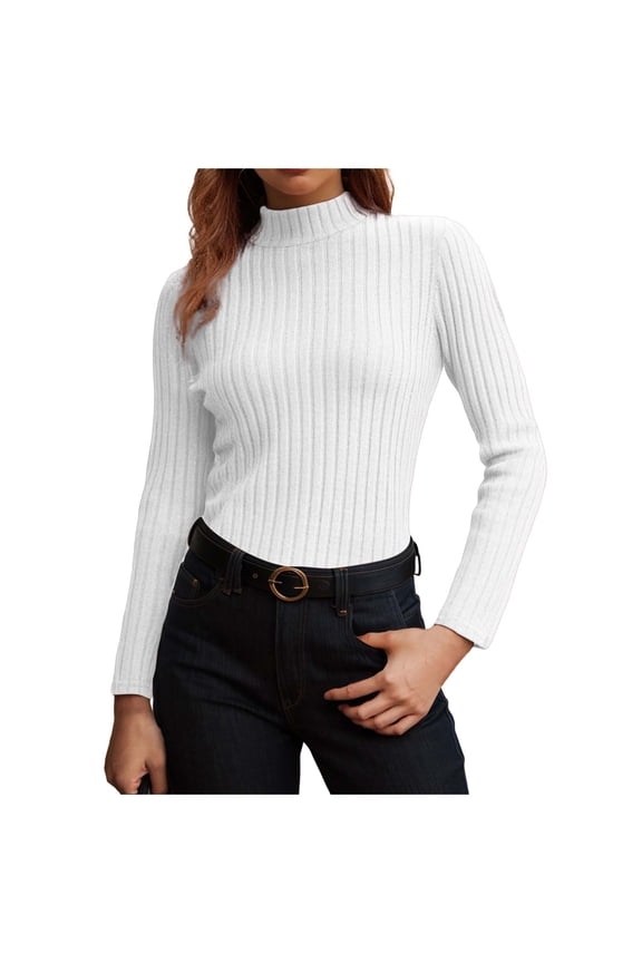 Women's Mock Turtleneck Long Sleeve Shirts Fall Ribbed Tops Fleece Basic Layering Soft Thermal Undershirts Tee White, S