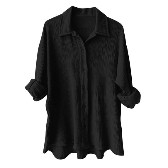 kaprioy Women's Oversized Button Down Shirts Collared Button Up Shirt Blouse Top Black, XXL