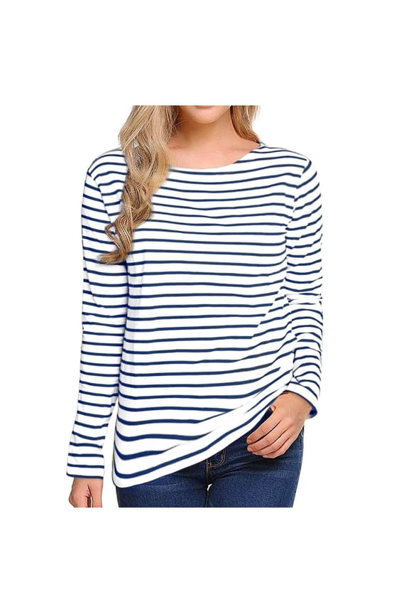 Womens 3/4 Length Sleeve Tops Striped Boatneck Shirt Breton French Cotton Tees Blue, XXL