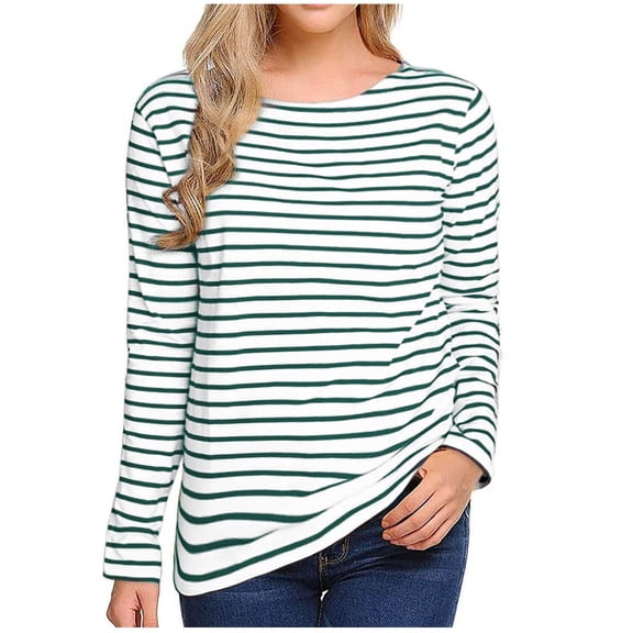 kaprioy Womens 3/4 Length Sleeve Tops Striped Boatneck Shirt Breton French Cotton Tees Green, M