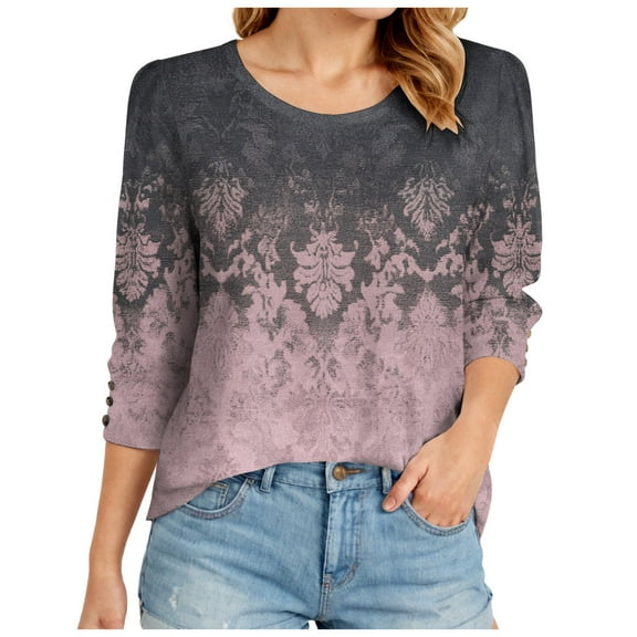kaprioy Womens 3/4 Sleeve Tops 2025 Floral Print Vintage Fashion Casual Loose with Round Neck Plus Size Shirts Pink, M