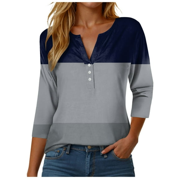 kaprioy Womens 3/4 Sleeve Tops Fall And Winter Henley Neck Shirts Three Elbow Sleeve Tshirts Grey, XXL