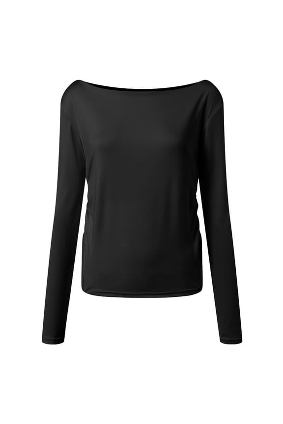 Womens Boat Neck Tops Casual Fitted Tee Shirts Solid Color Fall Basic Clothes Long Sleeve Shirts Black, L