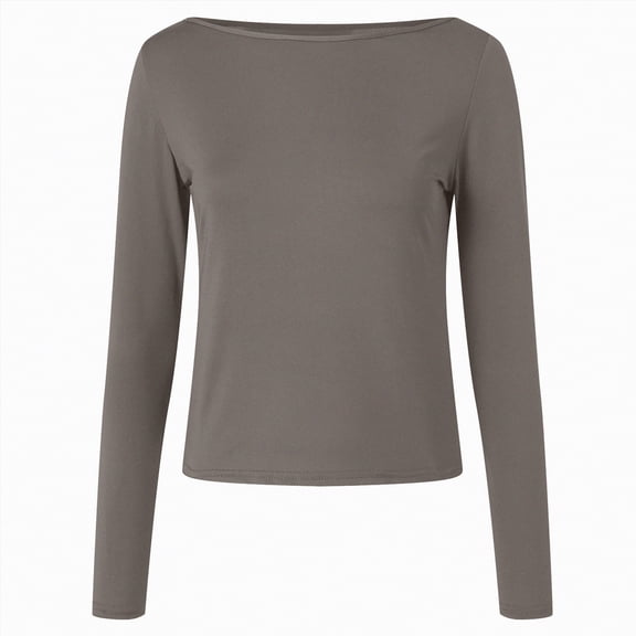kaprioy Womens Boat Neck Tops Casual Fitted Tee Shirts Solid Color Fall Basic Clothes Long Sleeve Shirts Women's Long Sleeve Top Side Ruched Shirt
