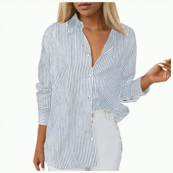 kaprioy Womens Button Down Shirts Striped Classic Long Sleeve Collared Office Work Blouses Tops with Pocket Lapel Button Up Shirt Loose Top