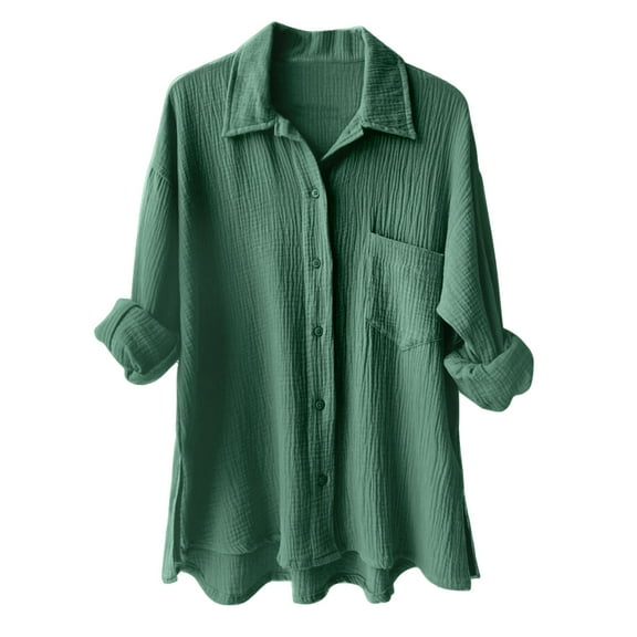 kaprioy Womens Corduroy Button Down Shirts Boyfriend Long Sleeve Oversized Blouses Tops Dark Green, S