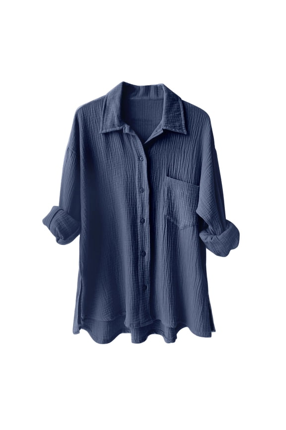 Womens Corduroy Button Down Shirts Boyfriend Long Sleeve Oversized Blouses Tops Navy Blue, XXL