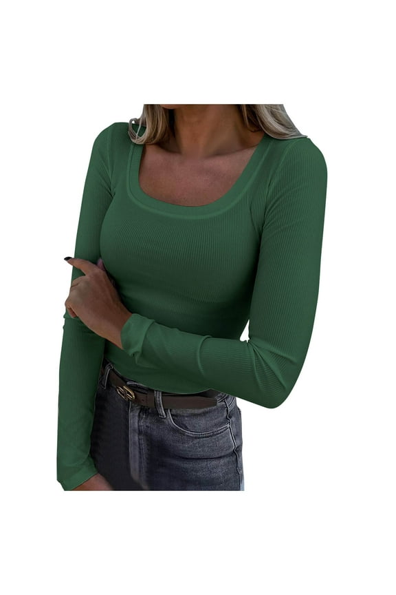 Womens Long Sleeve Scoop Neck Ribbed Tee Slim Basic Shirts Knit Fitted Casual Tops Fall And Winter Dark Green, M