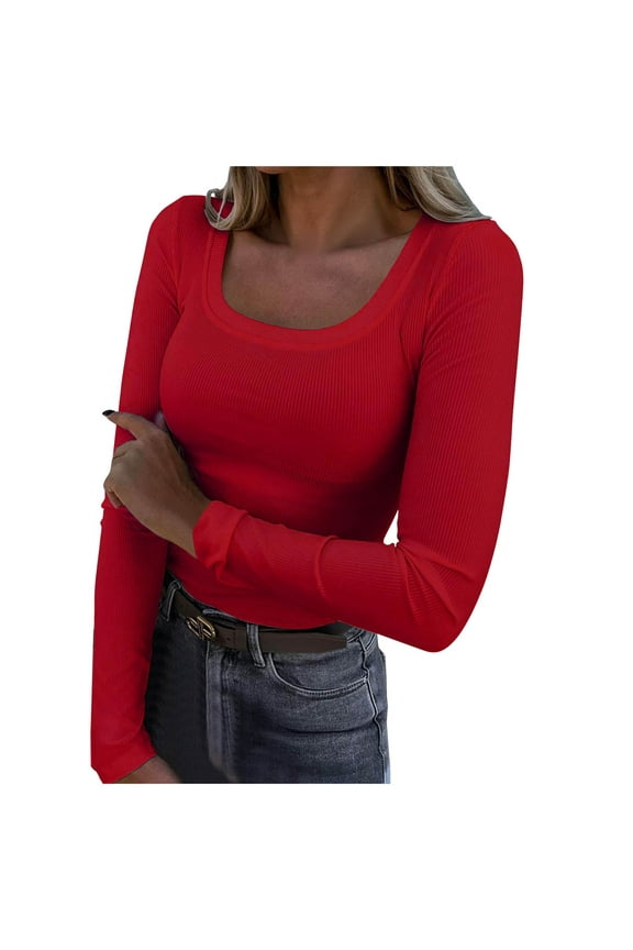 Womens Long Sleeve Scoop Neck Ribbed Tee Slim Basic Shirts Knit Fitted Casual Tops Fall And Winter Red, M