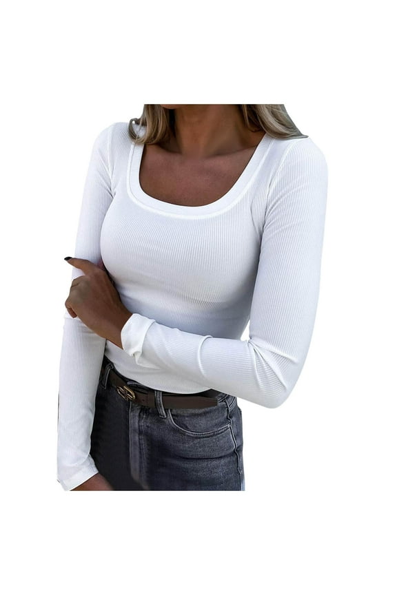 Womens Long Sleeve Scoop Neck Ribbed Tee Slim Basic Shirts Knit Fitted Casual Tops Fall And Winter White, XXL