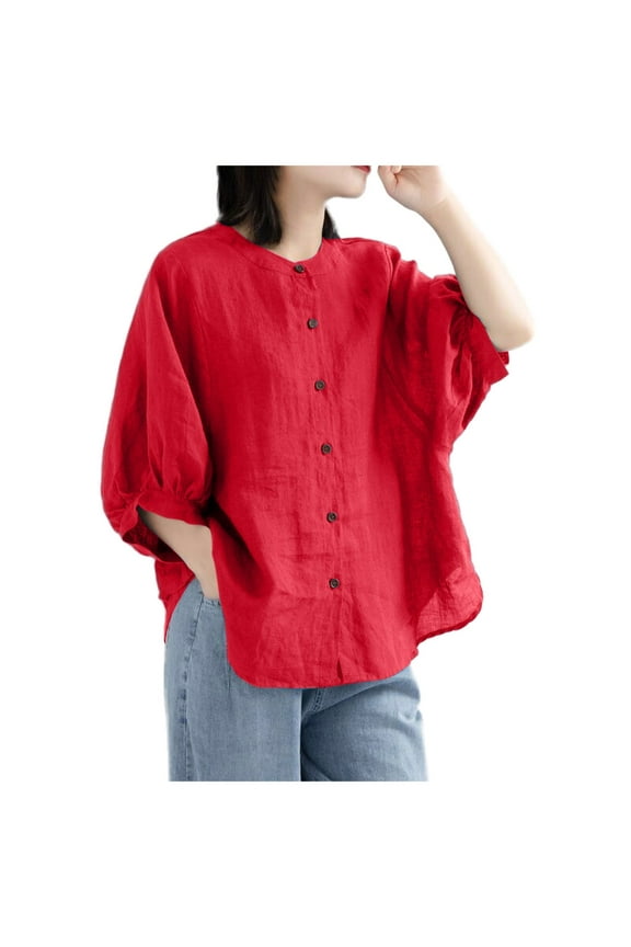 Womens Retro Button Down Shirts Open Front Long Sleeve Chinese Style Loose Fit Blouse Tops Red, M
