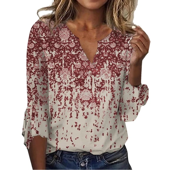 kaprioy Womens-Tops-Long-Sleeve Henley Shirts V Neck Blouses Buttons Up Tunics Flowy Pleated Blouses Red, S