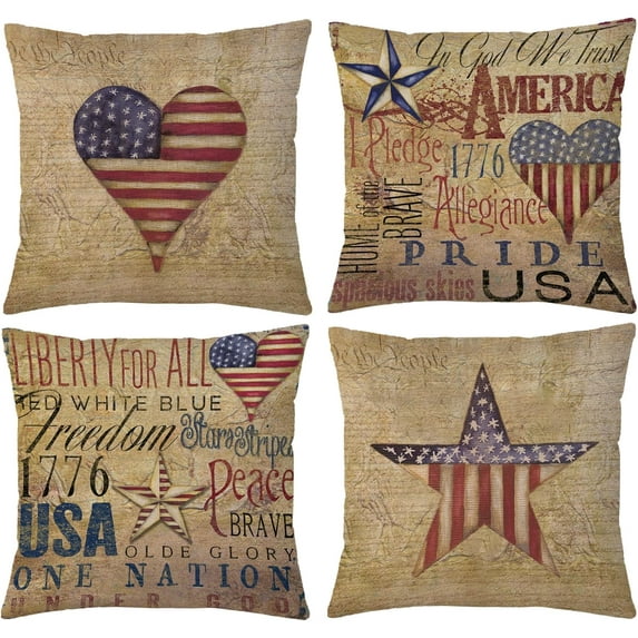 kareou Set of 4 Independence Day Pillow Covers 18 X 18 Inch Patriotic Throw Pillow Covers Memorial Day Flag Printed Cushion Covers 4th of July Decor Vintage Retro Design