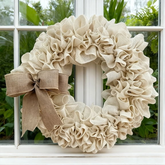 karymi 15.7x15.7in Burlap Bow Wreath Door Hanging Decoration Beige for Rustic Farmhouse Entryway Wall Patio Seasonal Holiday Decor Room Decor Birthday Gifts