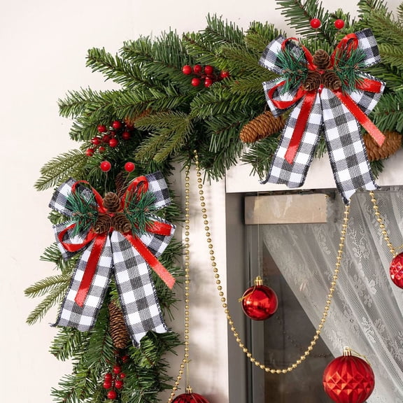 karymi 2 Pack Black Beige Checkered Bow Tree Topper Christmas Decoration 6.4x5.1in Faux Linen Pine Cone Ornament for Holiday Party Festive Decor Birthday Gifts Family Gifts Home Decor