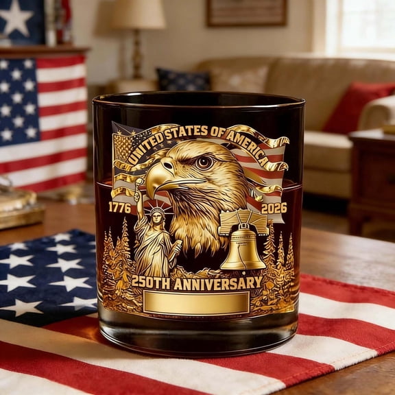 karymi 250th Anniversary Personalized Whiskey Glass, 1776 2026 Vintage Style Flag and Eagle Head Pattern Whiskey Glass, 11oz Patriotic Barware Gift for Him Dad