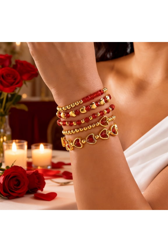 5 Pcs Heart Bracelet Set for Women Red Crystal Bead Heart Shaped Valentines Day Jewelry Gift Stackable Adjustable 7.09in Wrist Party Friendship Love Token Valentines Day Decor