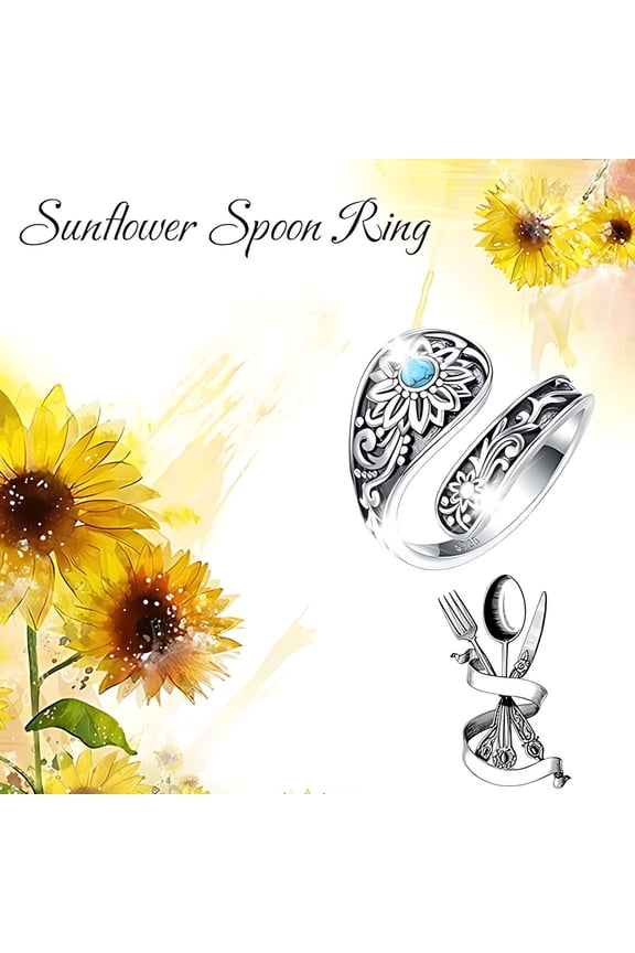 925 Silver Spoon Ring with Turquoise, Vintage Adjustable Size Ring Floral Antique Design, 0.9x0.5 Inch Inspirational Jewelry for Women House Decor