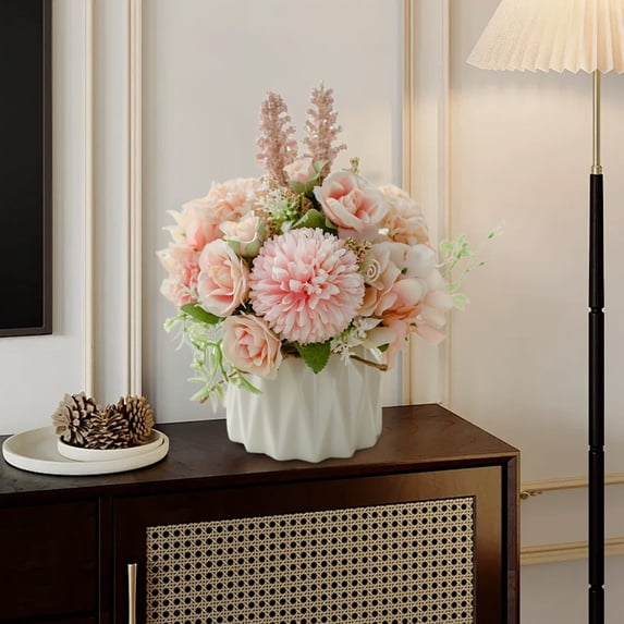 karymi Artificial Flower with Small Ceramic Vase Fake Silk Variety Flower Balls Flowers Decoration Table Appropriate Home Party Office Wedding Home Decor Gifts for Women