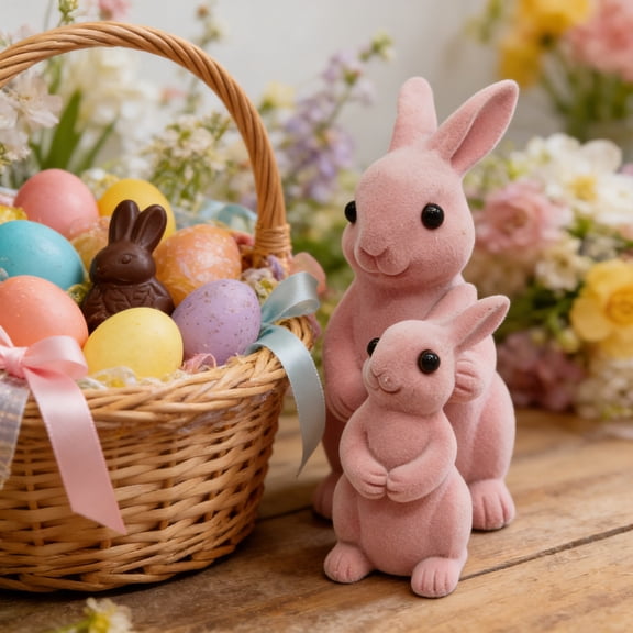 karymi Blush Pink Resin Flocked Easter Bunny Figurine Ornament Decorative Statue for Home Tabletop Shelf Mantel Holiday Spring Celebration Display 6.69in Family Gifts Gift Ideas