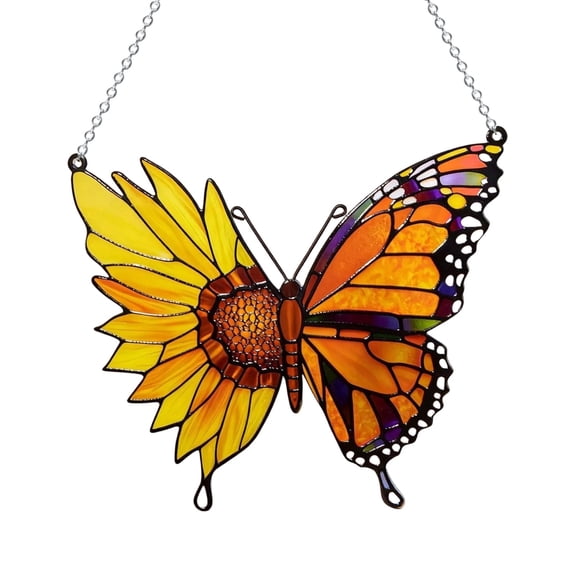 karymi Butterfly and Sunflower Stained Glass Suncatcher Window Hanging Decor Orange Purple Black Yellow for Living Room Kitchen Bedroom Light Reflection Colorful Birthday Gifts Womens Gifts