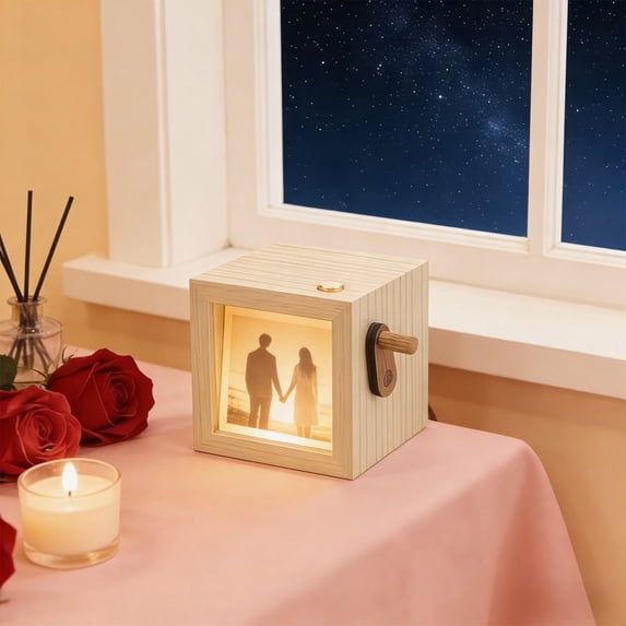 karymi Custom Hand Cranked Wooden Photo Box Memory Keepsake Frame with Rotating Pages 14x13x9 cm for Couple Wedding Anniversary Gift Gift Ideas Patio Decor Living Room Decor