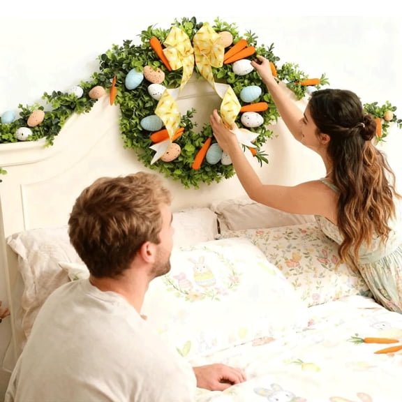 karymi Door Hanging Easter Egg and Carrot Wreath Spring Festival Decoration Handcrafted Colorful Faux Eggs Carrots Greenery for Indoor Outdoor Holiday Welcome Home Decor Party Favors