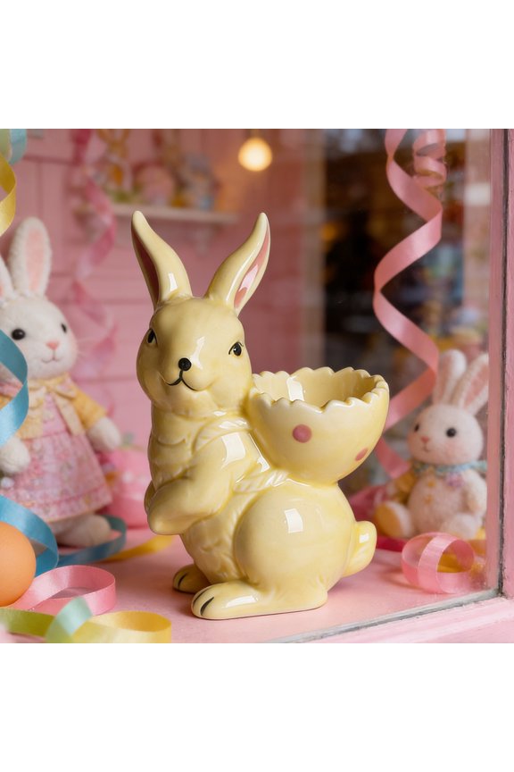 Easter Hand Drawn Ceramic Ornaments Egg Carrying Rabbit Egg Cup Home Party Props Handcrafted Cute Rabbit Pattern Easter Home Tabletop Party Decor Birthday Gifts Room Decor