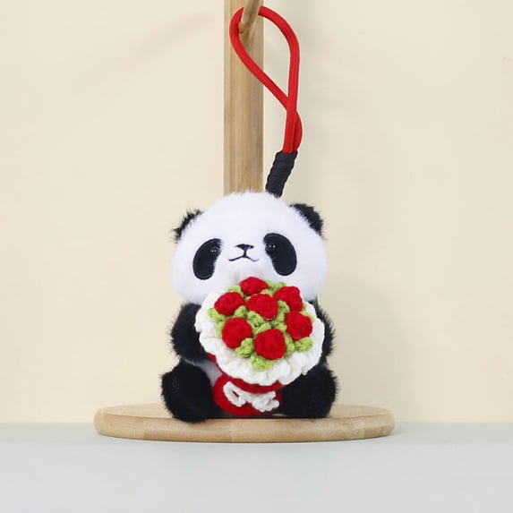 karymi Embracing Roses Pendant Panda Proposing Toy Doll with Hand Crocheted Flower Bouquet and Woven Hanging Rope Romantic Cute Gift Idea Bedroom Decor Gift Ideas Party Supplies