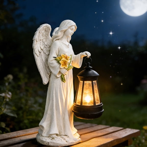 karymi European Style Angel Lantern Garden Statue with Flowers Outdoor Night Light Decoration Weather Resistant Resin Memorial Figurine for Patio Yard Living Room Decor