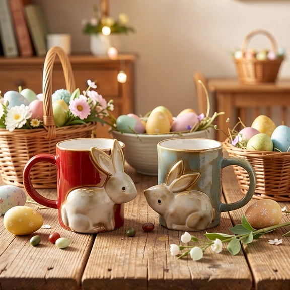karymi Exquisite Handmade Ceramic Coffee Mug with Three Dimensional Easter Bunny Relief Embossing for Tea Office Kitchen Gift 15 Ounce House Decor