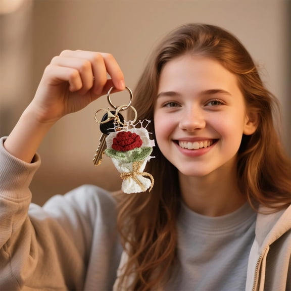 karymi Hand Knitted Crochet Flower Bouquet Keychain Pendant Valentines Gift 2.36x1.97in Yarn Crafted Bag Charm Purse Accessory Romantic Keepsake Christmas Decorations Indoor Christmas Party Supplies