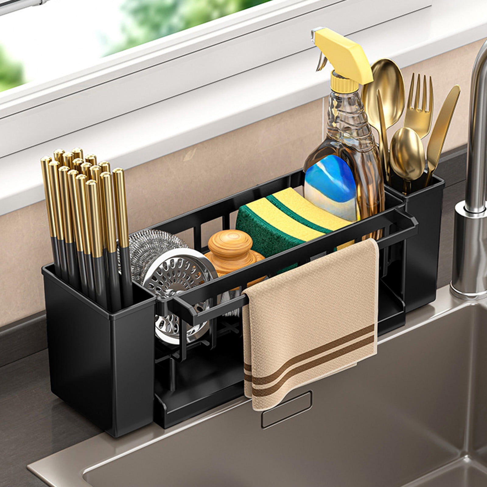 karymi Kitchen Sink Caddy Organizer with Auto Draining Tray and Towel Bar, 12.2x4.33x3.54 Inch Sponge and Brush Holder, Keeps Counter Dry and Clean Gifts for Men Birthday Gifts Womens Gifts - Walmart.com