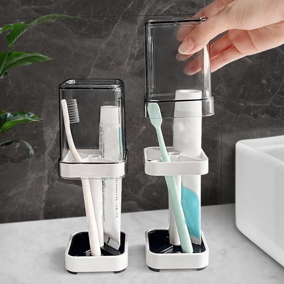 karymi Modern Toothbrush and Cup Holder Stand with Drainage Tray Bathroom Countertop Organizer Rack for Toothpaste Storage Travel Friendly Compact Design Mens Gifts House Decor