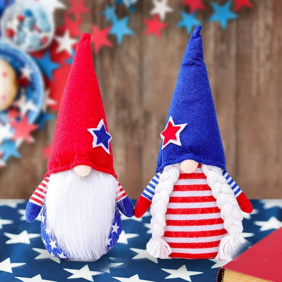 karymi Patriotic Gnome Doll Set of 2, Soft Cloth Red White and Blue Dwarf with Long Hat and Beard, Stars and Stripes Pattern, for Holiday Party Home Office Shelf Decor Housewarming Gifts