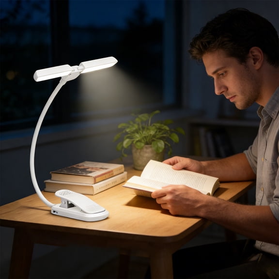 karymi Rechargeable LED Desk Lamp with Double Head Clip On Reading Light Adjustable Brightness Color Temperature Eye Caring for Home Office Study House Decor Mens Gifts Room Decor