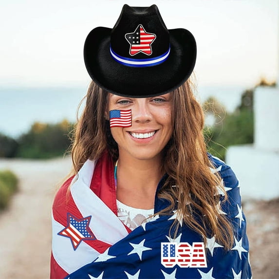 karymi Red White Blue Western Cowboy Hat with Star Ribbon 15.4x11.4x5.1 Inch for 4th of July Independence Day Patriotic Party Costume Accessory Apartment Decor
