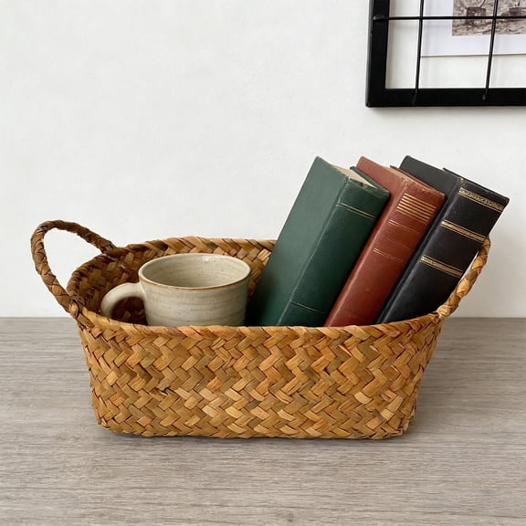 karymi Rustic Woven Wicker Storage Basket with Sturdy Handles Natural Wood Grain Rectangular for Throw Blankets Toys Laundry Organization Living Room 9.45x3.15x3.15in Living Room Decor