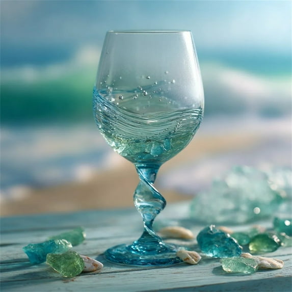 karymi Sea Glass Inspired Wine Glass Handblown with Twisted, Frosted Wave Design for Red Wine Cocktail Champagne, Elegant Drinking Glass Birthday Gifts Family Gifts
