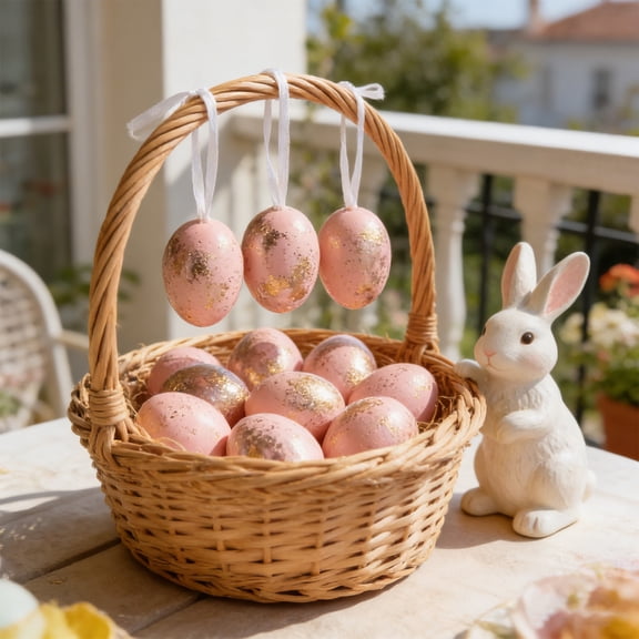 karymi Set of 12 Pink Plastic Easter Eggs Hanging Ornaments 1.5 Inch with Gold Foil for Hanging Decor Egg Hunt Party Favors and Basket Fillers House Decor