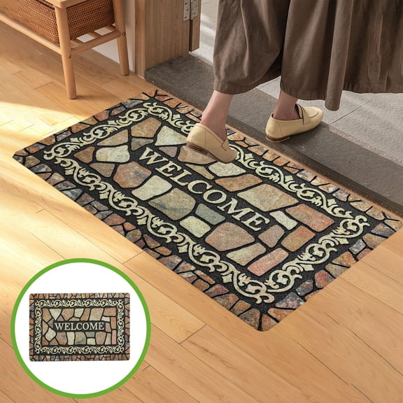 karymi Simulation 3D Stone Design Welcome Doormat, Entrance Door Mat, Outdoor Indoor Non-Slip Rug, Patio Porch Bathroom Floor Mat Multiple Size Options Easy Clean House Decor Gifts for Men