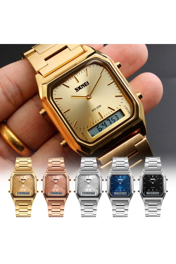 Square Inspired Waterproof Watch with Steel Bracelet, Analog and Digital Display, 30M WR, Alarm Stopwatch Date, Brushed Stainless Steel, Multi-Function Holiday Gifts